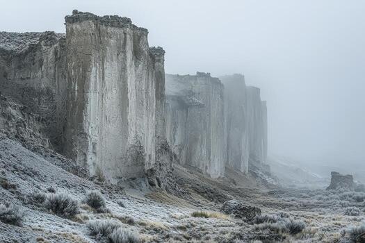 In a realm where time stands still, colossal geological structures emerge from the ethereal embrace of swirling fog These ancient formations, sculpted by the patient hands of nature, rise like silent photo