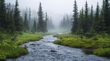 In a realm where verdant meadows embrace the ethereal embrace of mist, a stream meanders, its waters reflecting the soft glow of the atmosphere Towering trees, guardians of this tranquil haven, stand photo