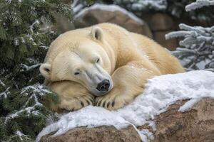 In a scene of serene tranquility, a majestic polar bear rests peacefully upon a snow-dusted rock, its creamy fur a beacon of warmth amidst the icy embrace The surrounding verdant pines, their needles photo