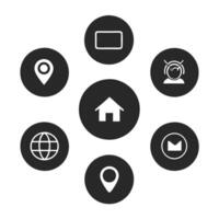Modern black icon set with round shapes and white backdrop. vector