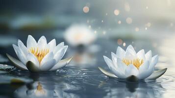 en un sereno ballet de naturaleza, loto flores graciosamente adornar un tranquilo lago, su prístino pétalos reflejando el sin límites lo más hondo de interior paz suavemente balanceo en el suave corrientes, estos floral foto