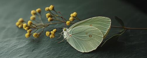 In a serene dance of nature, a butterfly finds solace upon a delicate flower Its wings, subtly brushed by the gentle breeze, create a mesmerizing ballet The soft hues of the flower complement the photo