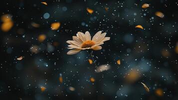 In a serene dance with the whispering wind, a solitary daisy pirouettes, its delicate petals embarking on a joyful flight Each petal, a tiny messenger of freedom, twirls and dips, painting the air photo