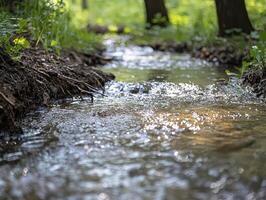 In a serene forest, a gentle stream meanders, its surface adorned with delicate ripples, creating a captivating dance of light and water The scene exudes tranquility, inviting quiet contemplation photo