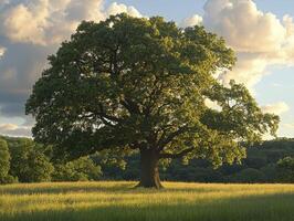 In a serene field bathed in the golden light of late afternoon, an old oak stands tall Its branches, a tapestry of green leaves, sway gently in the breeze, whispering tales of time The ancient tree photo