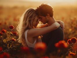 In a serene expanse where crimson roses bloom in abundance, two souls intertwine, locked in a tender embrace Their hearts beat in unison, synchronized breathing echoing through the gentle breeze photo