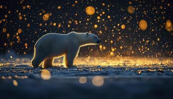 In a serene landscape of icy whites and blues, a solitary polar bear stands motionless, a creature of the Arctic, as delicate snowflakes descend, creating a scene of profound beauty and tranquility photo