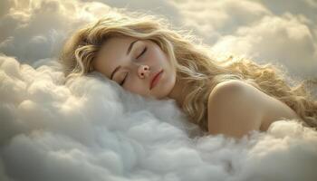 In a serene escape, a woman finds solace on a cloud-like bed, her peaceful expression a testament to tranquil dreams Soft tones paint a gentle backdrop, inviting viewers into a world of calm and photo
