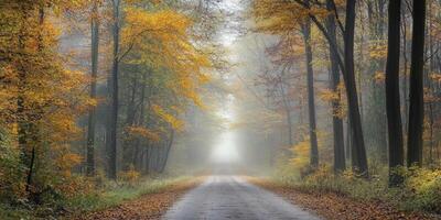 A road in the middle of an autumn forest photo