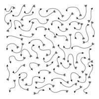 Doodle arrows. Hand drawn thin line arrows set. Many curvy and wavy arrows isolated on white background. Simple illustration. vector