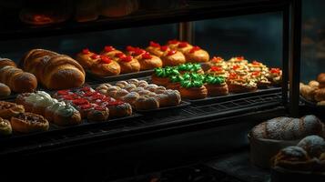 A beautiful bakery display featuring an array of freshly baked pastries and delectable treats in bright showcase photo