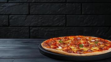 Freshly baked pizza on a rustic table surrounded by ingredients creating a warm and inviting dining atmosphere photo