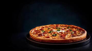A deliciously baked pizza on a black background showcasing toppings and cheesy melt for food lovers and enthusiasts photo
