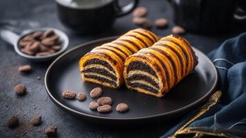 A rich chocolate covered pastry elegantly plated and ready to delight with its decadent chocolate coating photo