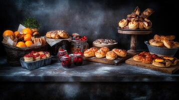Elegant table display featuring a variety of delicious pastries and desserts perfect for any social gathering or event photo