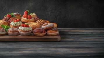 A rustic wooden board showcasing a variety of pastries perfectly arranged to tempt and delight any sweet tooth lover photo