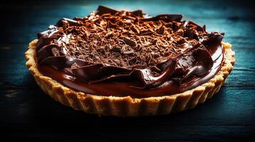 Decadent chocolate tart with layers of rich chocolate ganache and garnished with dark chocolate shavings on top photo