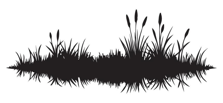 Silhouette Grass and Cattails Illustration, Plants and Swamp Life