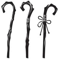 Walking cane silhouette illustrations set with rustic wooden texture vector