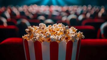 Popcorn in a red box with people in the audience photo