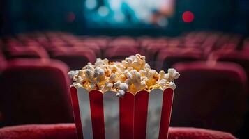 Popcorn in a red and white striped box on a red chair photo