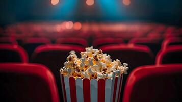 Popcorn in a red bucket on a red chair photo