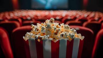 Popcorn in a red and white striped bucket photo