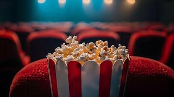 Popcorn in a red and white striped bucket on a red chair photo