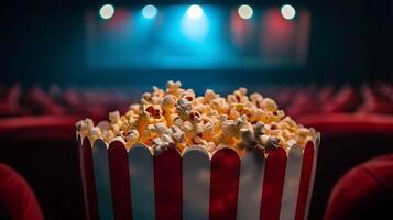 Popcorn in a red and white striped bucket on a red chair photo