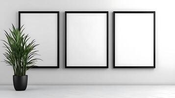 Three blank frames on a wall with a plant in a pot photo