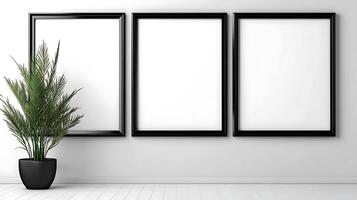 Three empty frames on a wall in a room photo