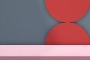 Empty Table with Light Beam and Shadow on Double Red Half Circle Wall Background photo