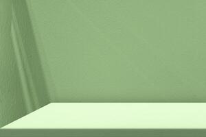 Minimal Table Corner with Shadow and Light Beam on April Green Concrete Wall Background photo