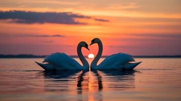 Two swans making a heart shape in the water at sunset photo