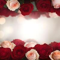 Romantic rose frame with red and pink roses on soft blurred background with copy space photo