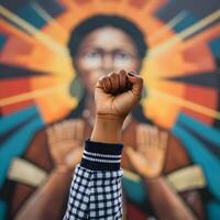 Raised fist of a protester in front of a colorful mural representing equality and social justice movement photo