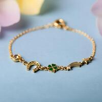 Silver charm bracelet with horseshoe four leaf clover and star charms on a soft golden bokeh background photo