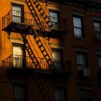 Warm sunlight on a brick building with metal fire escape creating sharp urban shadows on facade photo