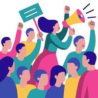 A modern, flat-style illustration of a protest with a woman leading the crowd using a megaphone. Perfect for articles, campaigns, posters, websites, social media, materials on human rights, activism. vector