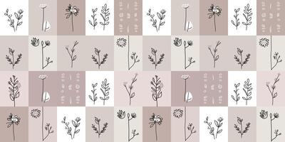 Cute Flower in Line Style Seamless Pattern Earth Tone, horizontal banner, and background. vector