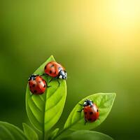 Macro shot of ladybugs on green leaves in nature with soft sunlight and a blurred yellow green background photo
