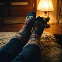 Cozy winter evening resting with patterned wool socks on thick knitted rug near warm lamp light indoors photo