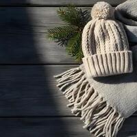 Soft beige knitted wool winter hats with snow covered pine branches on rustic wooden background photo