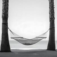 Empty woven hammock tied between two palm trees overlooking calm sea on tropical sandy beach with soft cloudy sky photo