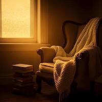 Cozy armchair with warm knitted blanket and stack of books bathed in soft golden sunlight near frosted window photo