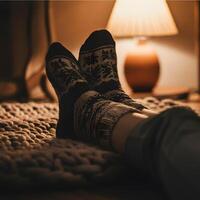 Cozy winter evening while resting with patterned wool socks on thick knitted rug near warm lamp light indoors photo