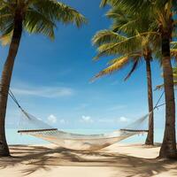 Empty woven hammock tied between two palm trees overlooking calm sea on a tropical sandy beach under soft cloudy sky photo