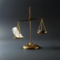 Brass balance scale with delicate feather and heavy stone on opposite sides symbolizing fairness and justice photo