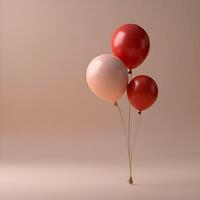 Three balloons in the pastel shades pink cream red floating with soft ribbons tied together minimal festive concept photo