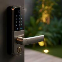 Modern digital smart door lock with illuminated keypad touchscreen security system on home entrance photo